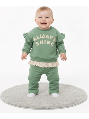 Ege Bebek Kız Bebek Dantel Detaylı 6-9-12-18-24 Aylık Fırfır Detaylı Mevsimlik Alt Üst Eşofman Takımı