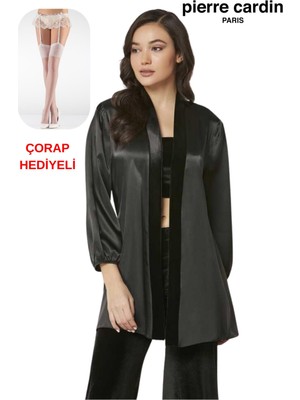 Pierre Cardin Kadın 3'lü Kadife Croplu Sabahlıklı Saten Pijama Takım Çorap Hediyeli