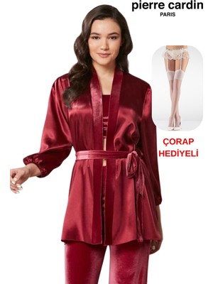 Pierre Cardin Kadın 3'lü Kadife Croplu Sabahlıklı Saten Pijama Takım Çorap Hediyeli