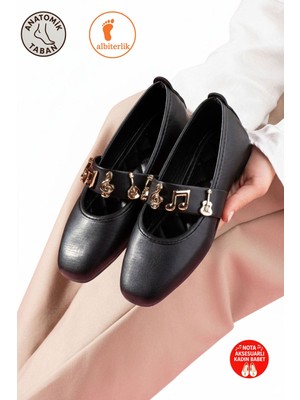 Albishoes Elora Kadın Babet Ofis Ayakkabısı Gold Nota Aksesuarlı Bantlı Nota Aksesuar Kadın Babet