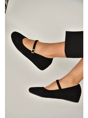 Fox Shoes Y250770702 Siyah Süet Alçak Dolgu Tabanlı Kadın Ayakkabı
