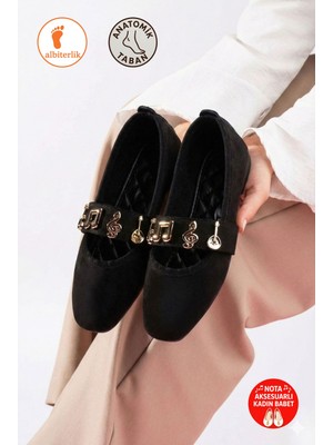 Albishoes Elora Kadın Süet Babet Ofis Ayakkabısı Gold Nota Aksesuarlı Bantlı Süet Nota Kadın Babet