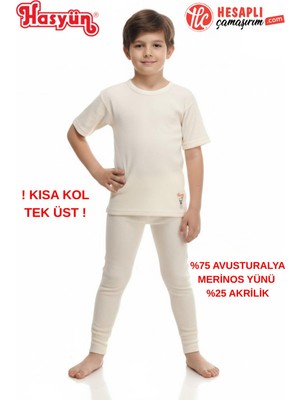 Hasyün Unisex Çocuk %75 Yün Sıcak Tutan Tene Batmaz Kısa Kollu Yün Tek Içlik