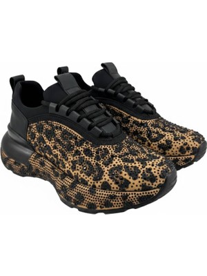 Rexba Kadın Leopar Desenli Taş Detaylı Yüksek Tabanlı  Kristal Taşlı Kalın Taban Ortapedık Spor Ayakkabı