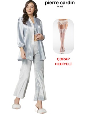 Pierre Cardin Kadın 3'lü Kadife Croplu Sabahlıklı Saten Pijama Takım Çorap Hediyeli