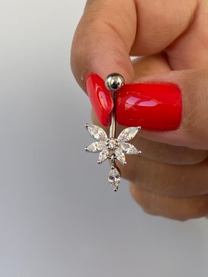 Kurukafa Gift Çiçek Figürlü Damla Taşlı  Çelik Göbek Piercing Zirkon Taşlı Kelebek Motifli