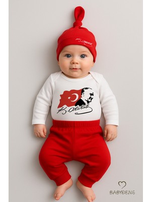 Babyden's Atatürk Baskılı 3’lü Bebek Takımı %100 Pamuk Uzun Kollu Çıtçıtlı Body Pantolon Şapka Yenidoğan Seti