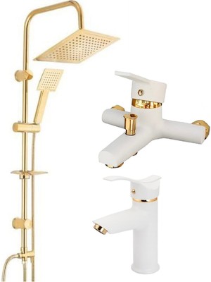 Fulcie Armatür Kare Gold Robot Duş Beyaz Banyo Batarya ve Beyaz Gold Kartal Lavabo