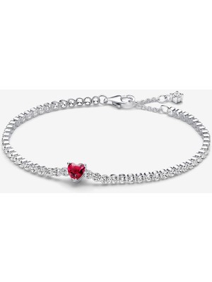 Pandora Kırmızı Işıltılı Kalp Tenis Bilekliği 925 Ayar Gümüş
