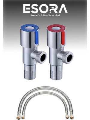 2 Adet Inox Paslanmaz Çelik Aç Kapa Ara Musluk + 2 Adet Flex Bağlantı Hortumu