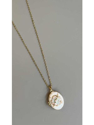 Royaleks Incili Etnik Desen Kapaklı Kolye - Beyaz