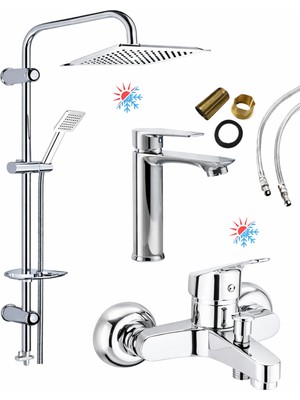 Musluq 3'lü Full Lüx Set Robot - Sabit Banyo Lavabo Bataryası - Krom Banyo Duş Bataryası Musluğu