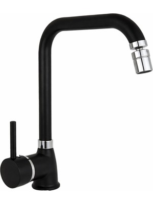 Musluq Siyah Köşe Borulu Mutfak Bataryası Oynar Başlıklı