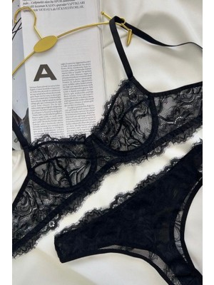 Siyah Kadın Dantel Detaylı Bralet Set