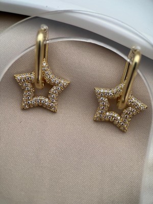 Luseda Çelik Kararmaz Gold Yıldız Motifli Taşlı Kadın Küpe