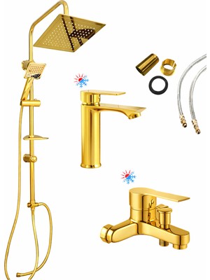 Musluq 3'lü Full Lüx Set Robot - Sabit Banyo Lavabo Bataryası Gold Set - Banyo Duş Bataryası Musluğu