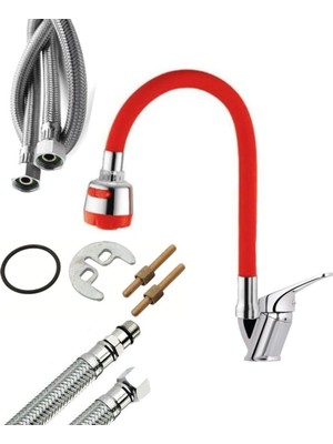 Fulcie 2 Fonksiyonlu Kırmızı Hareketli Borulu Mutfak Bataryası Musluğu Sıcak Soğuk Girişli Yağmurlama