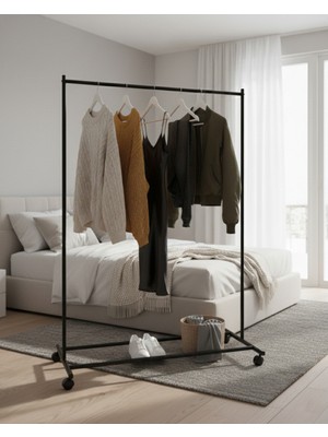 Metaliz Siyah Pratik Tekerlekli Konfeksiyon Askısı - Kıyafet Standı ve Organizer