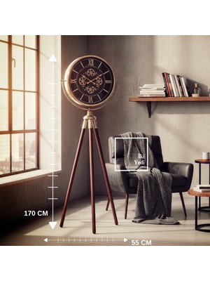 İki Yedi Konsept Theon Lüks Tripod Ayaklı Büyük Boy Dekoratif Çarklı Saat 170 cm Ahşap Metal Salon Ofis Zemin Saati