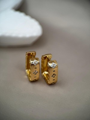 Luseda Zirkon Taşlı Kare Gold Renk Çelik Halka Küpe