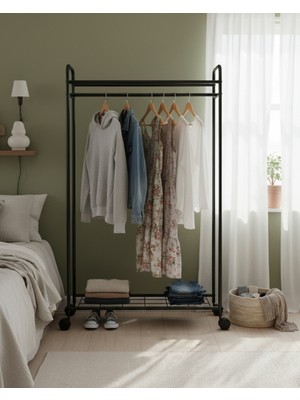 METALİZ Tekerlekli Elbise Askılığı  Raflı ve Taşınabilir Kıyafet Düzenleyici Stant Tekerli Siyah