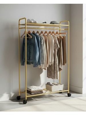 Tekerlekli Elbise Askılığı | Raflı ve Taşınabilir Kıyafet Düzenleyici Stant Tekerli Gold
