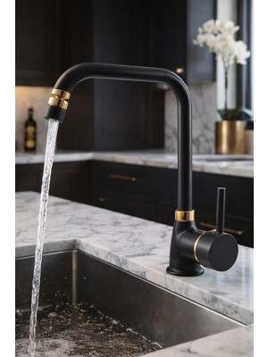 Musluq Siyah Gold Armut Mutfak Evye Bataryası