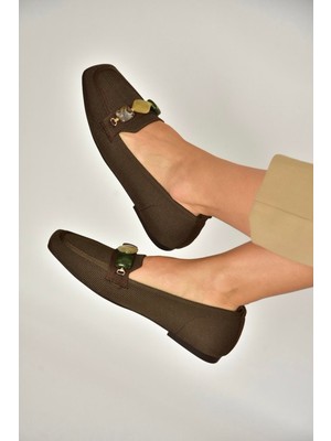 Fox Shoes Y820400304 Kahverengi Triko Kumaş Boncuk Detaylı Kadın Babet