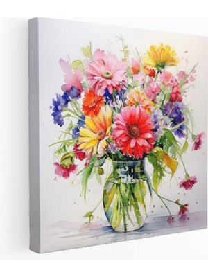 Popcas  Klasik Çiçek Suluboya Kanvas Tablo Cam Vazo ile Çiçekler