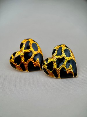 Luseda Leopar Desenli Gold Kalp Formlu Modern Tasarım Küpe