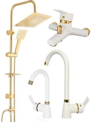 Fulcie Armatür Altın Renk Robot Duş Sistemi Beyaz Mutfak Eviye Banyo ve Beyaz Lavabo Musluğu