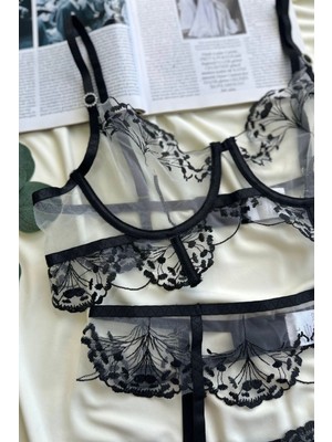 Kadın Siyah Transparan Tül Detaylı Ithal Jartiyer Set