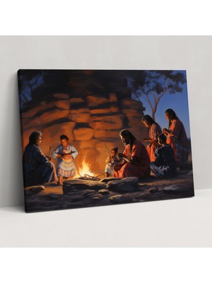 Popcas  Aborjin Duvar Dekorasyonu Ailelerin Kamp Ateşi Etrafında Bir Araya Gelmesi
