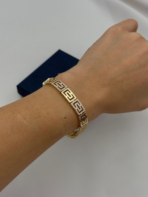 Luseda VIP Grek Motifli Taş İşlemeli Gold 17+2 CM Ayarlanabilir Bileklik