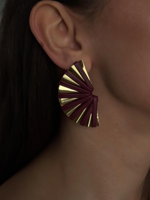 Luseda Bordo & Gold Detaylı Yelpaze Küpe