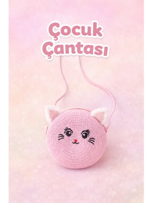 Selvira Kız Çocuk Hasır Kedi Figürlü Omuz Çantası – Yuvarlak Tasarım, Hafif ve Şık