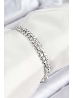 İsmiyle Al Pirinç Zirkon Taşlı Çift Sıra Model Gümüş Renk Asansörlü Kadın Bileklik