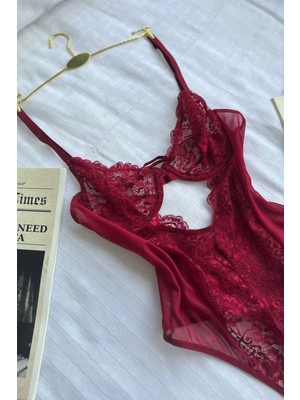 Bordo Kadın Transparan Tül Dantel Detaylı Babydol