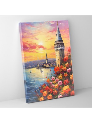 Popcas  Galata Kulesi Duvar Dekorasyonu - Serin Günbatımı Canlı Çiçekler