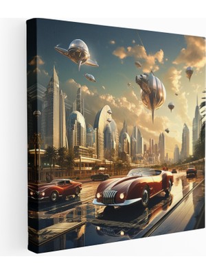 Popcas  Modern Gelecek Şehir Kanvas Tablo Klasik Araba