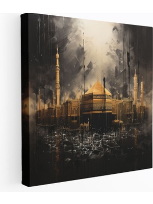 Popcas  Kaaba Hat Sanatı Duvar Tablosu - Kanvas Tablo Altın Detaylar Zarif Çizgiler