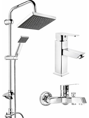 Musluq Robot Kare 3’lü Set Siyakh Robor Duş Seti Kare Sabit Lavabo Banyo Bataryası Krom Modern Set