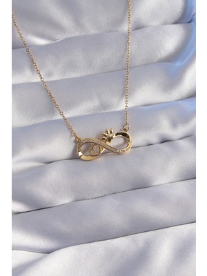 Lowell Home Ieg 316L Çelik Zincir Gold Renk Zirkon Taşlı Pati ve Kalp Detaylı Sonsuzluk Kolye LWLBJ-RSIEG234