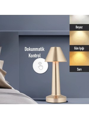 By Nevser® Çatı Model Gold Renk Şarjlı Dokunmatik 3 Renkli LED Masa Lambası