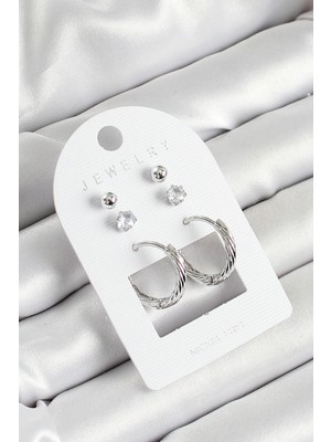 Lowell Home Ieg Pirinç Zirkon Taş ve Halka Figürlü Gümüş Renk 3'lü Çift Kadın Küpe Set LWLBJ-RSIEG234