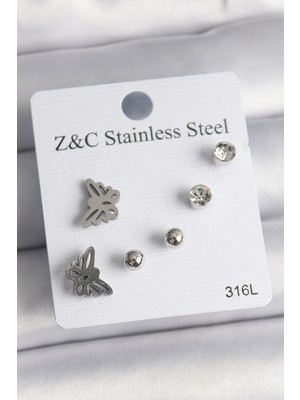 Lowell Home Ieg 316L Çelik Gümüş Renk Zirkon Taşlı Kelebek Model Kadın Küpe Seti LWLBJ-RSIEG2346