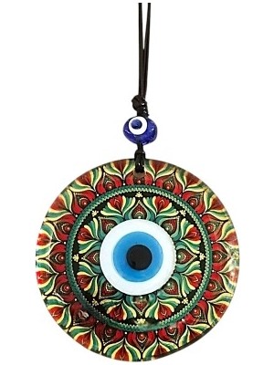 Lowell Home Kırmızı Çiçek Desenli ve Nazar Boncuklu El Yapımı Füzyon Cam Duvar Süsü