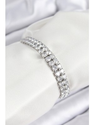 Lowell Home Ieg Pirinç Zirkon Taşlı Çift Sıra Kare Model Gümüş Renk Asansörlü Kadın Bileklik Lwlbj-Rs