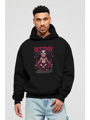 Ankhises Destroy Ön Baskılı Siyah Oversize Kapüşonlu Sweatshirt Erkek Kadın