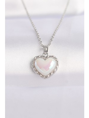 Lowell Home Ieg 316L Çelik Zincir Gümüş Renk Beyaz Taşlı Bombeli Kalp Kolye LWLBJ-RSIEG2346